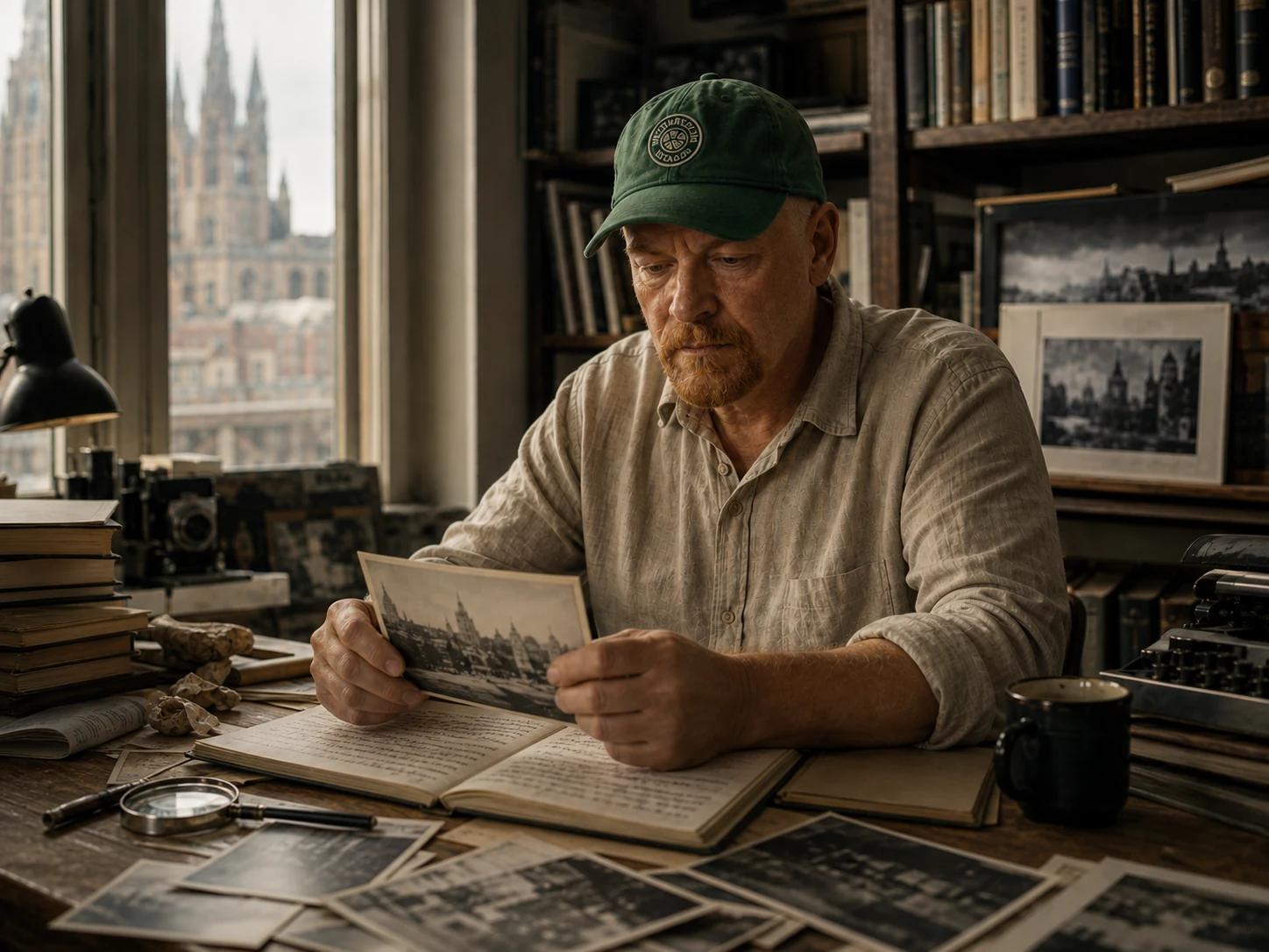 Goedart Palm prüft eine historische Fotografie zwischen Büchern, Notizen und Archivmaterial