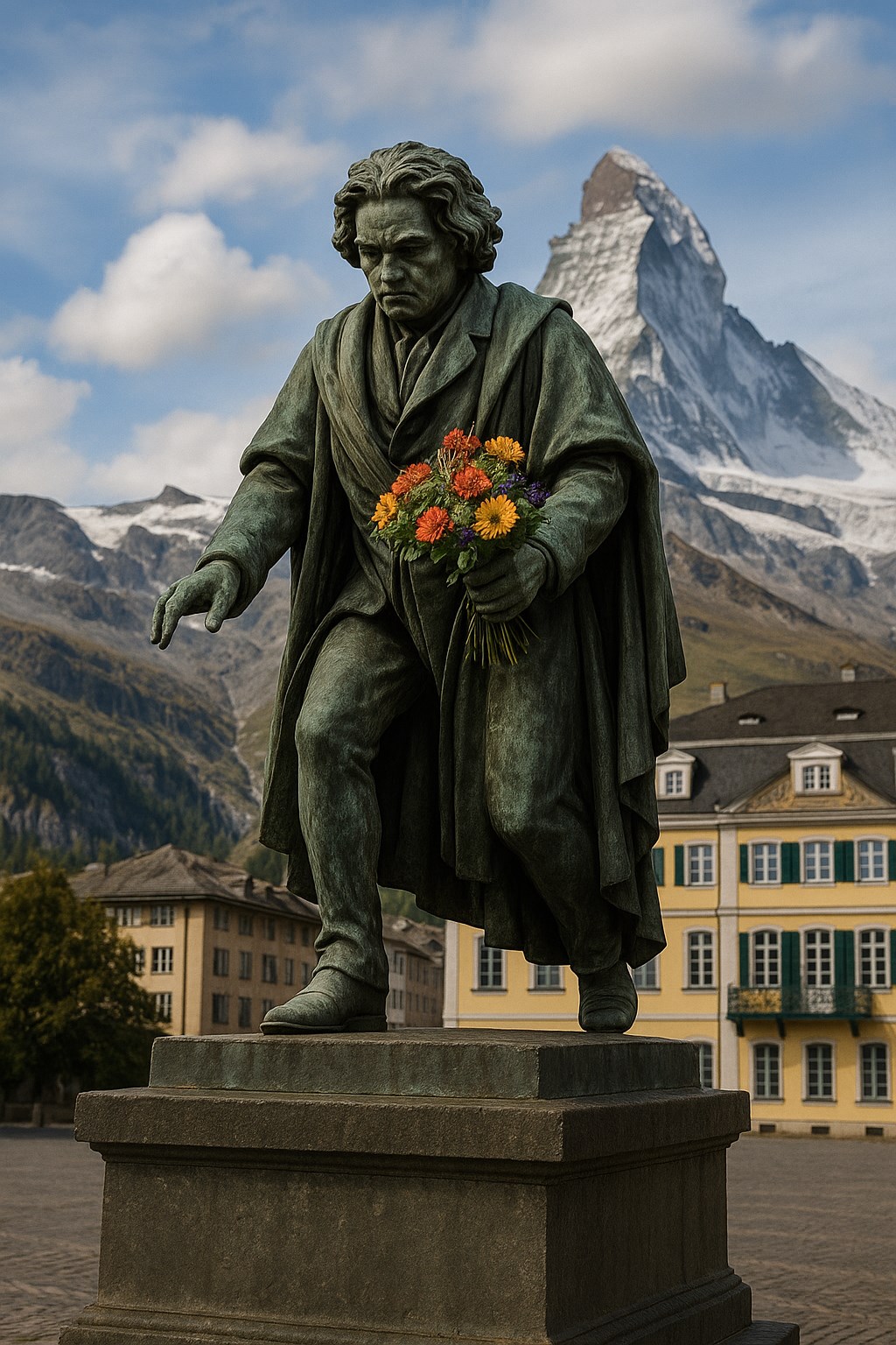 Beethoven-Denkmal mit Blumenstrauß vor alpiner Bergkulisse und historischen Häusern