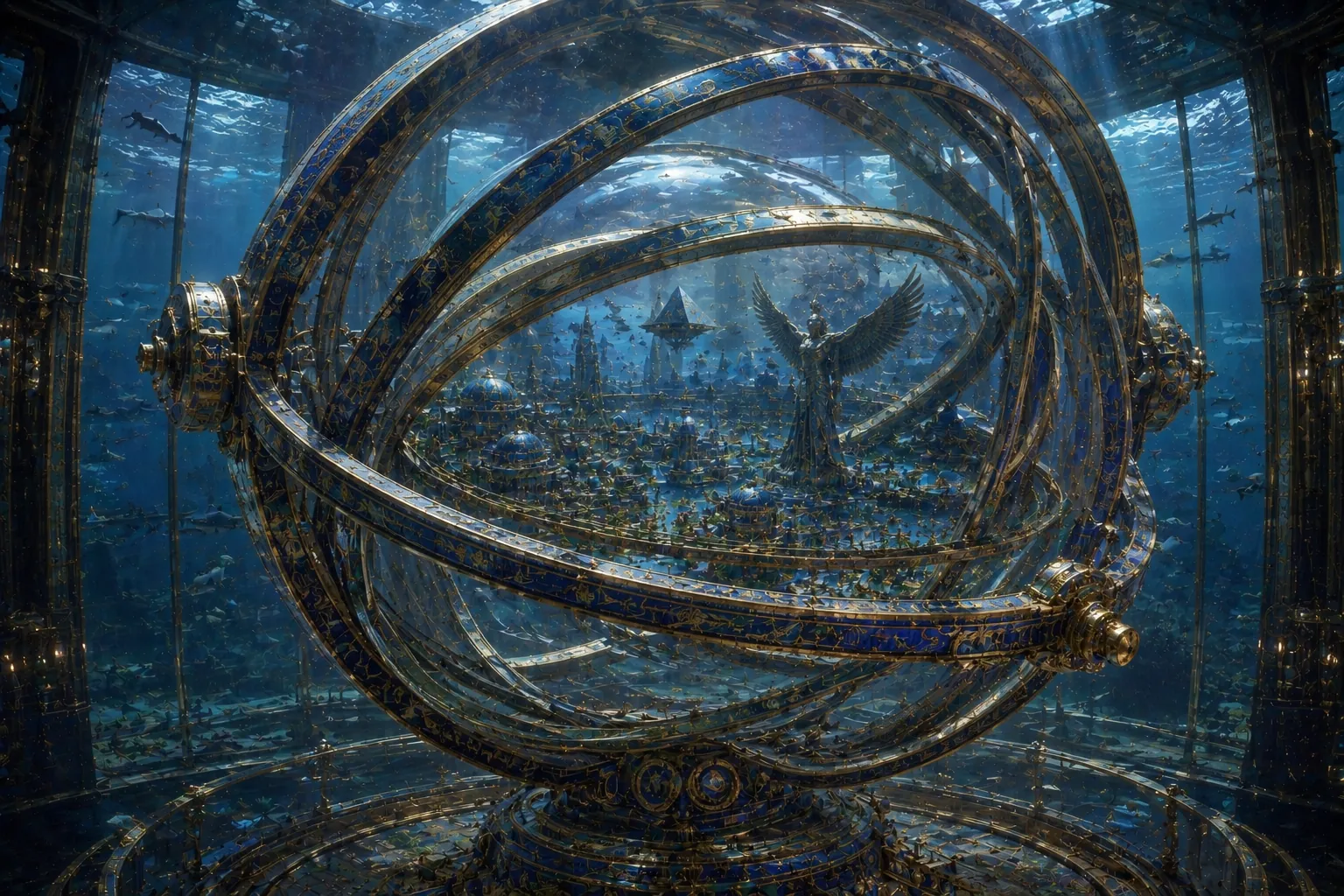 Eine Unterwasserstadt innerhalb einer monumentalen Armillarsphäre