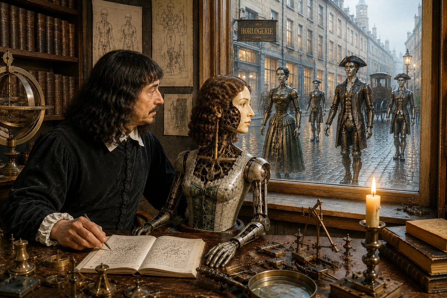 Descartes neben einer mechanischen Frauenfigur und einer Straße voller Automaten