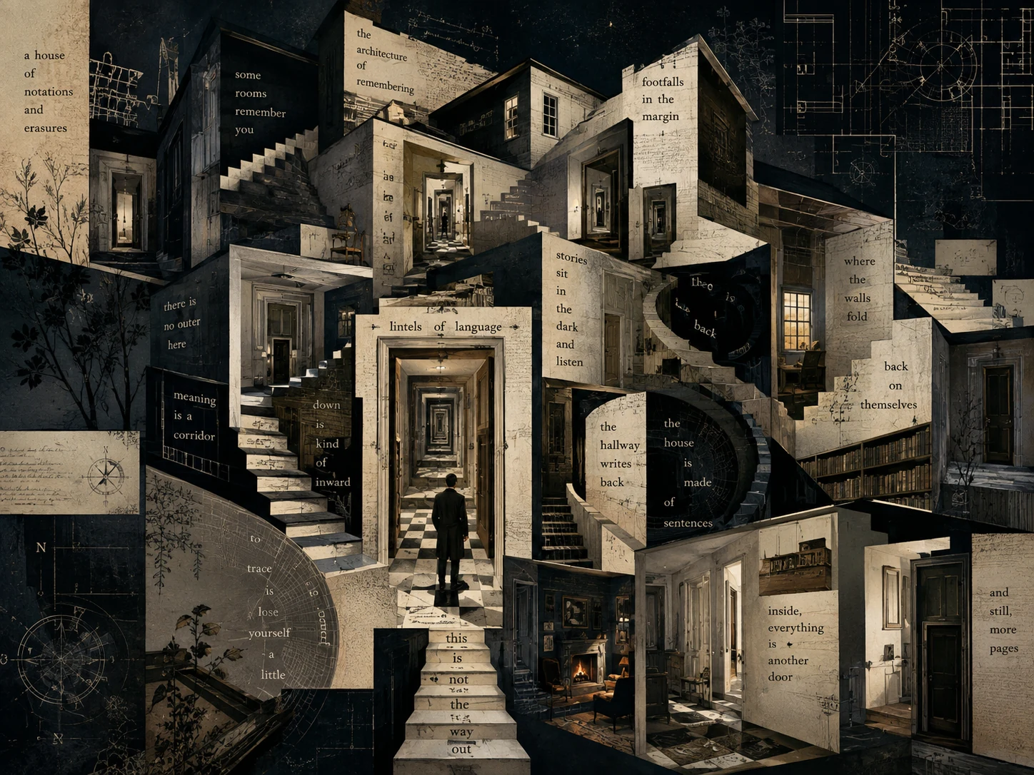 Dunkles Hauslabyrinth aus Textflächen, Treppen, Türen und zeichnerischen Grundrissfragmenten