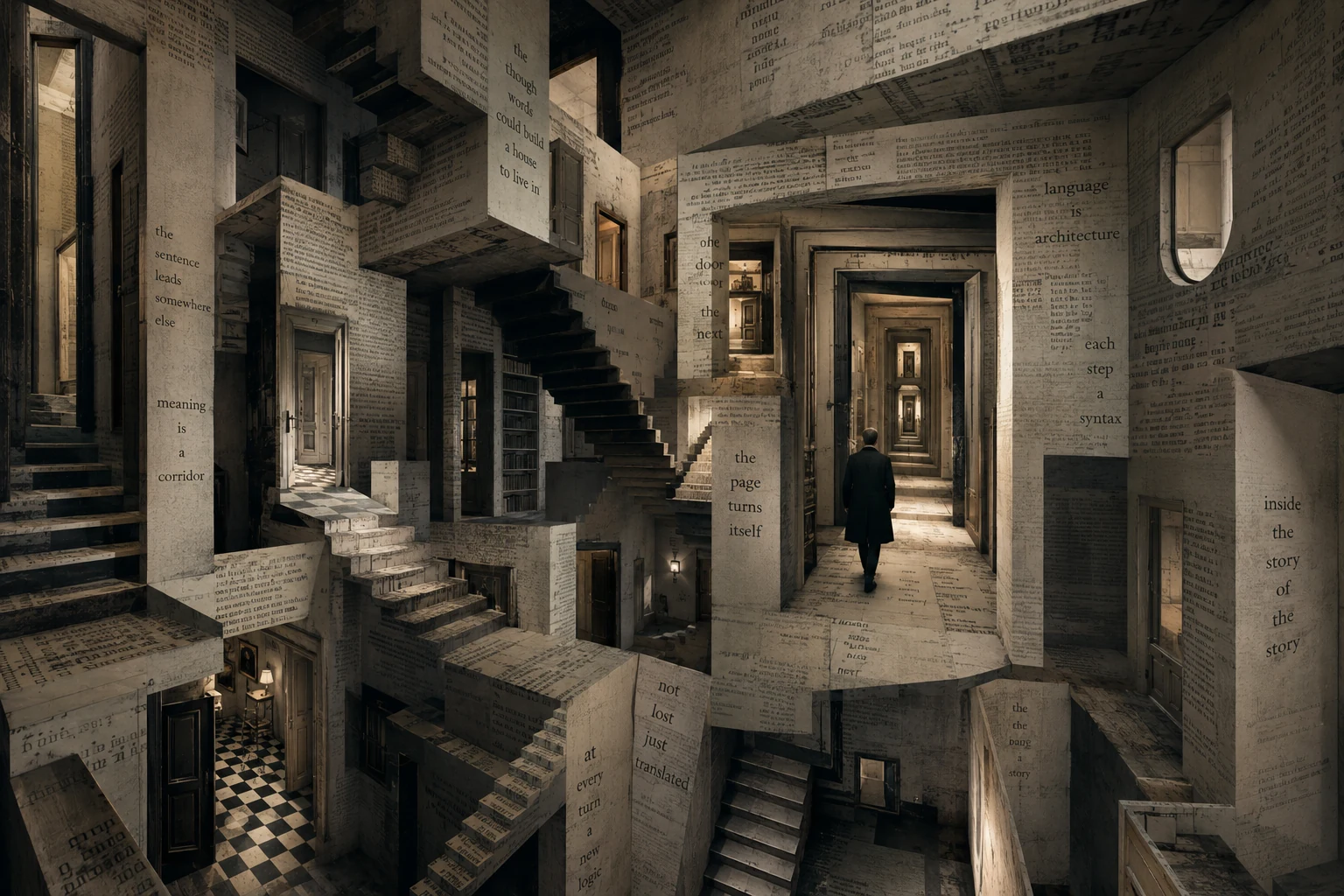 Labyrinthische Architektur aus bedruckten Flächen, Treppen und einer gehenden Figur