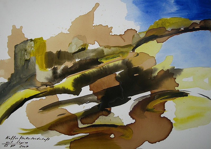 Aquarellartige Landschaft in Braun, Grün und Blau mit sichtbaren Papierreserven