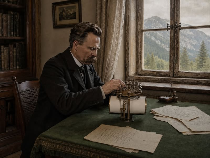 Historisierende Imagination Nietzsches an einer Schreibmaschine vor einem Bergfenster