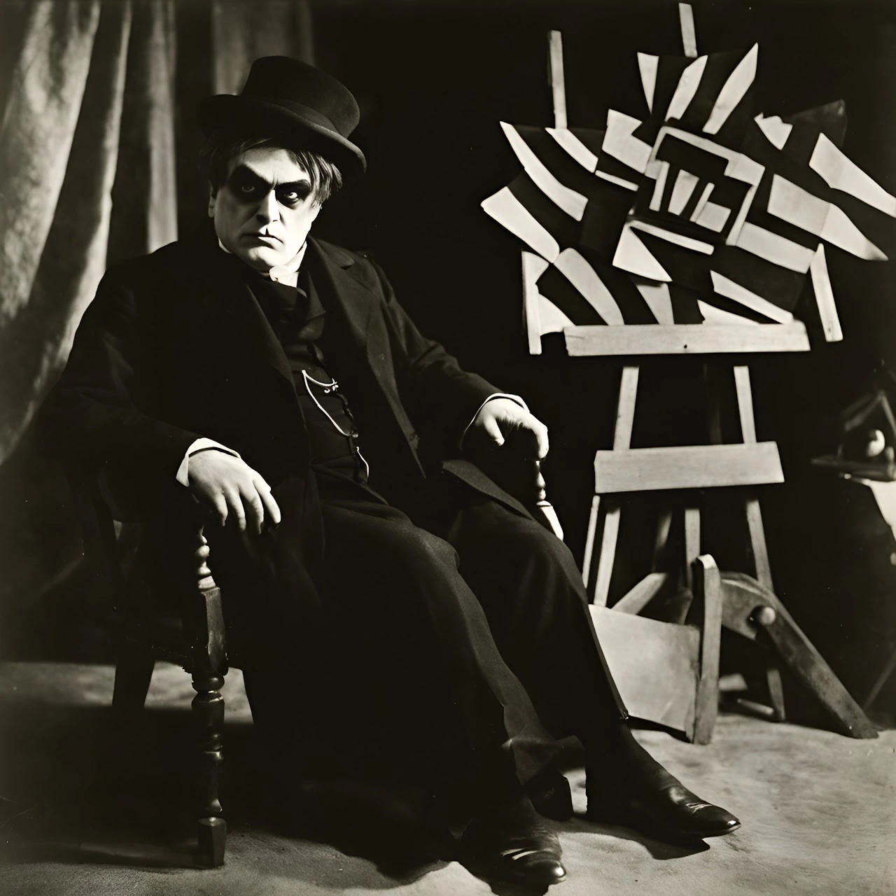 Schwarzweißes expressionistisches Motiv mit sitzender männlicher Figur und kantig-geometrischer Tafel