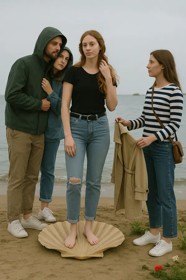 Zeitgenössische Neuinszenierung der Venus in Jeans auf einer Muschel am Strand