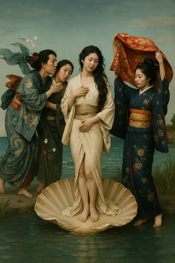 Japanisch inspirierte Neuinterpretation der Geburt der Venus mit vier Frauen in Kimonos