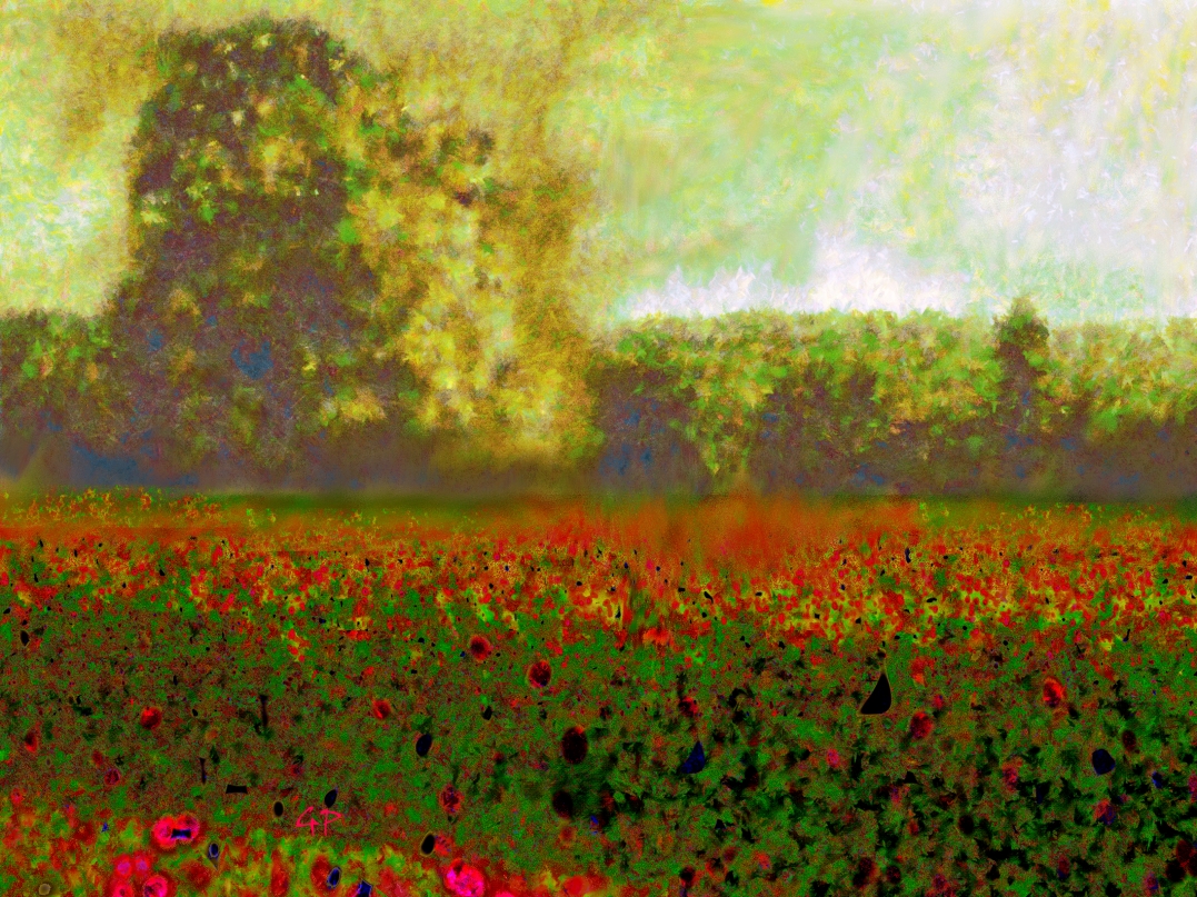 Digital bearbeitete Landschaft mit rotem Blumenfeld