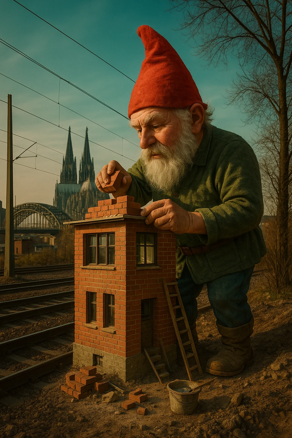 Überhöhter Gartenzwerg baut neben Bahngleisen ein kleines Backsteinhaus vor Kölner Dom und Hohenzollernbrücke