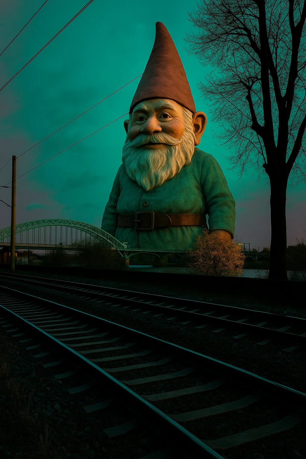 Monumentaler Gartenzwerg zwischen Bahngleisen, Rhein und Kölner Brückenlandschaft in grünlichem Abendlicht