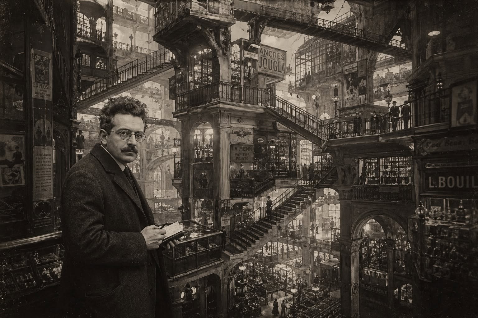 Inszenierte Bildkomposition zu Walter Benjamin in einer vielgeschossigen Passage