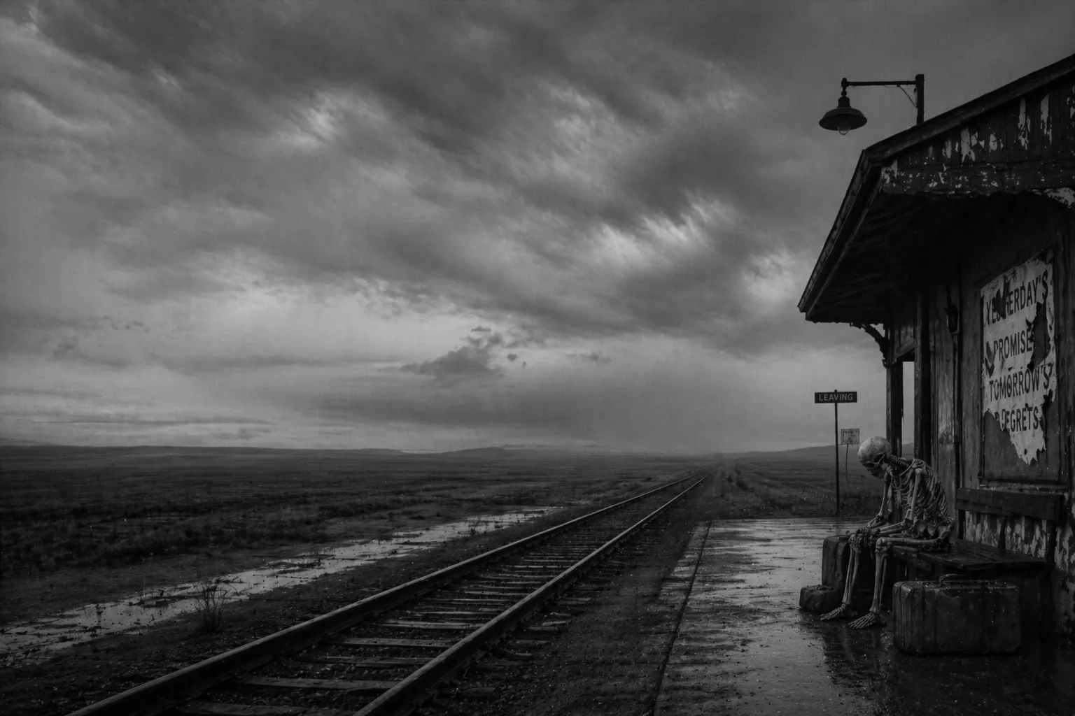 Verlassene Wartehalle an einer Küste unter dramatischem Himmel