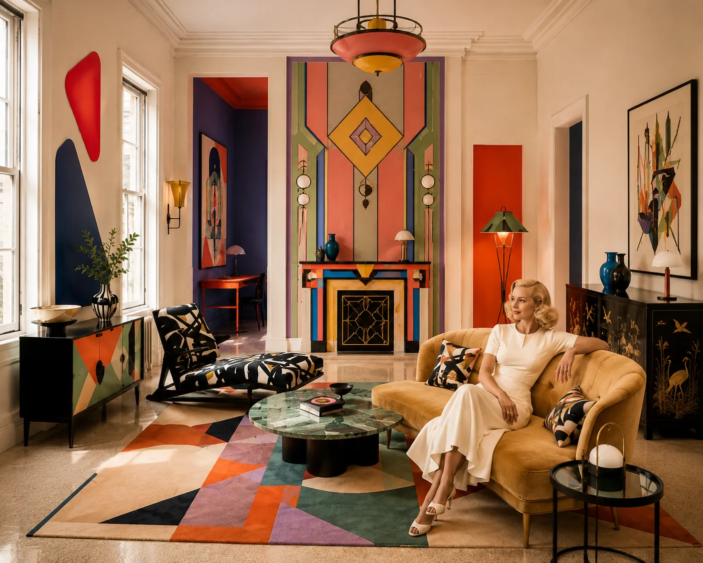 Art-déco-Interieur mit geometrischen Formen und einer sitzenden Figur