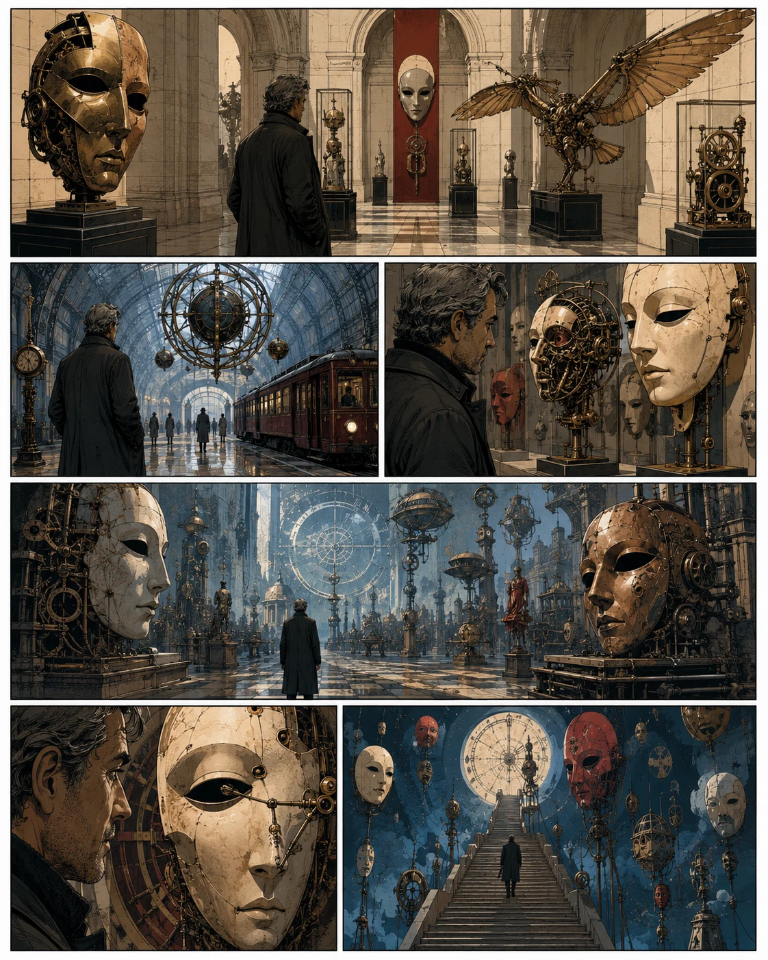 Ein Mann betrachtet Masken, Maschinenwesen und künstliche Körper in einem imaginären Museum.