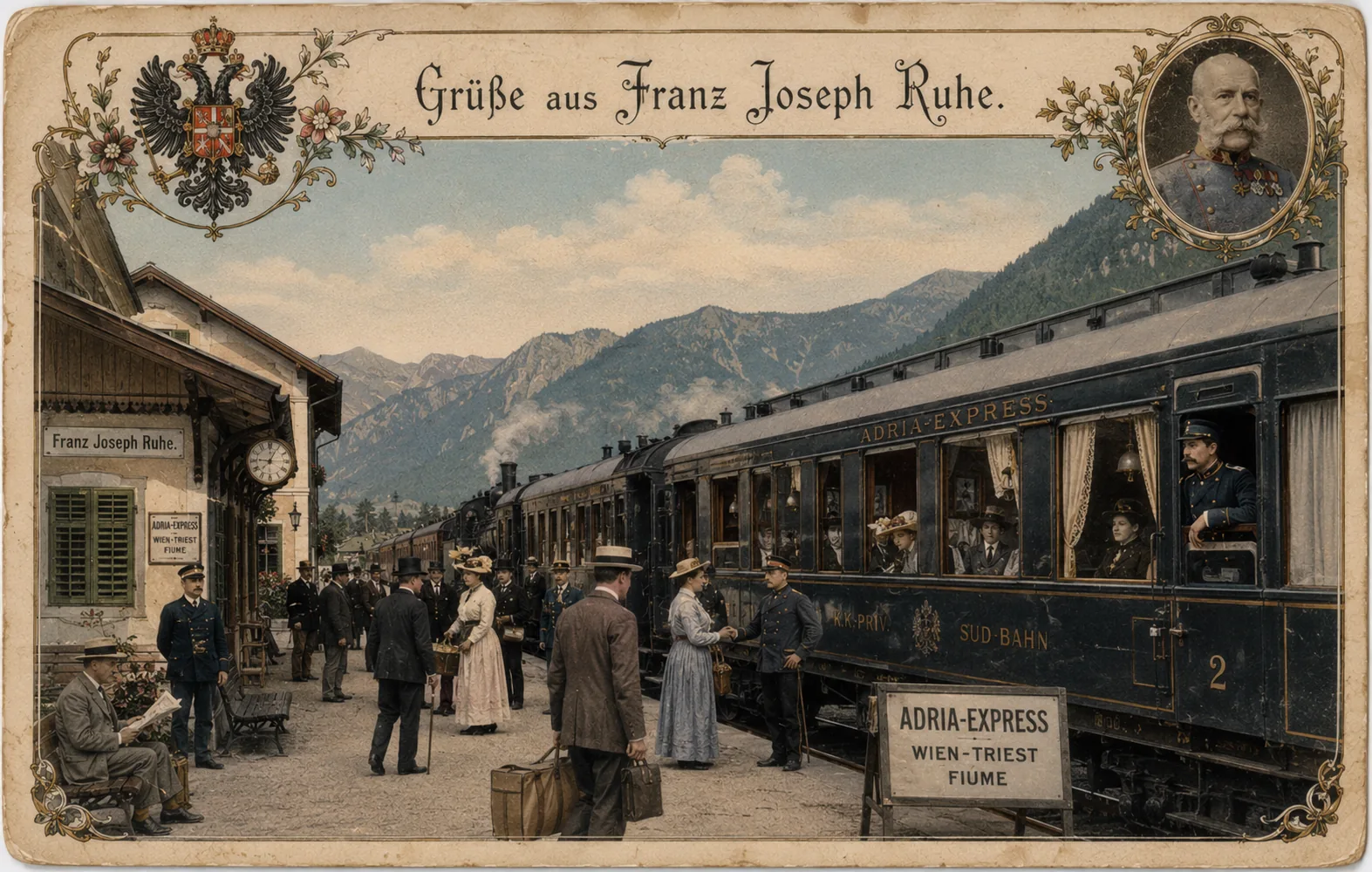 Historisch imaginierter Bahnhof Franz-Joseph-Ruhe mit Zug