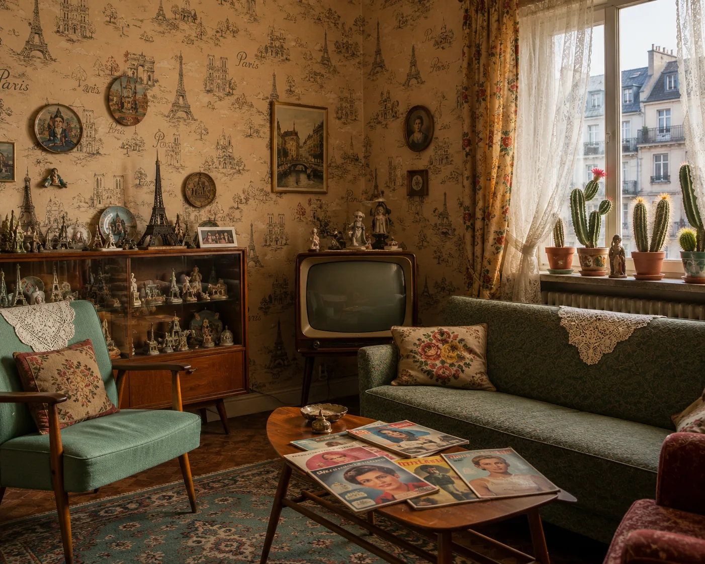 Wohnzimmer mit einer Wand aus Bildern und Erinnerungsobjekten