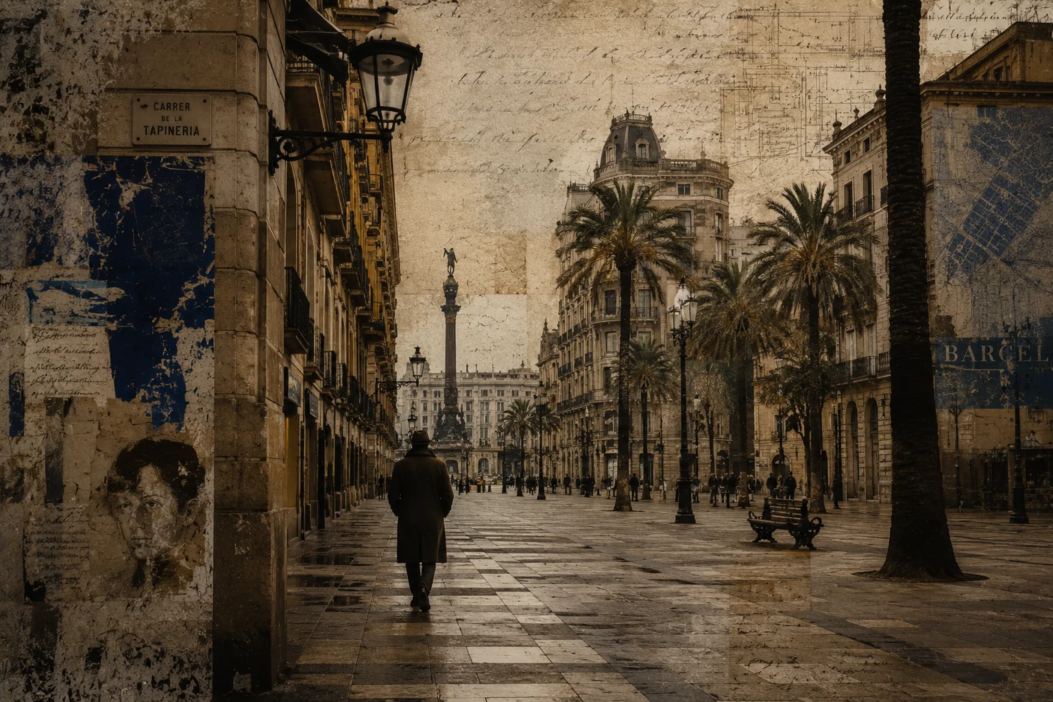 Ein Flaneur betritt einen weiten Boulevard in Barcelona