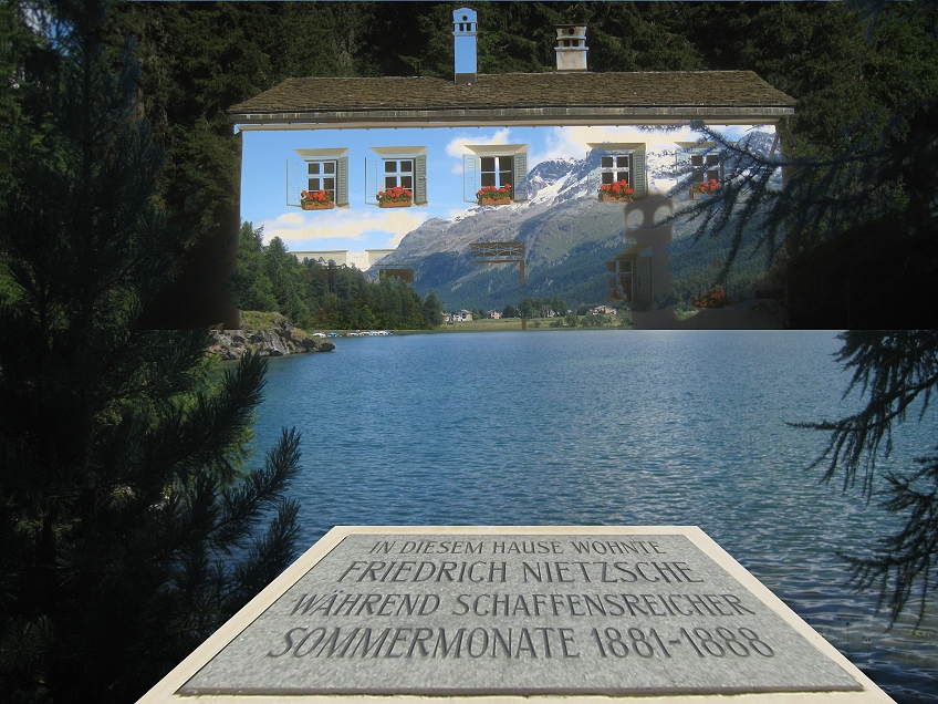 Bildmontage aus Nietzsche-Gedenkstein, See und Nietzsche-Haus